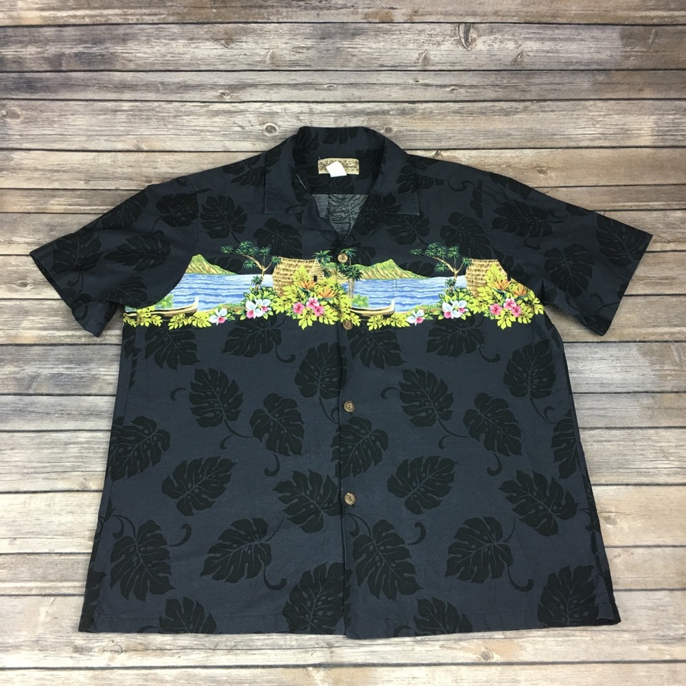 Blue Hawaii Hawaiian Shirt Village Graphic Mens L